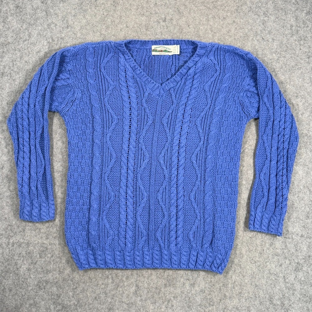 Aran Crafts Ireland Periwinkle Cable Knit V-Neck Sweater Women's Size Large